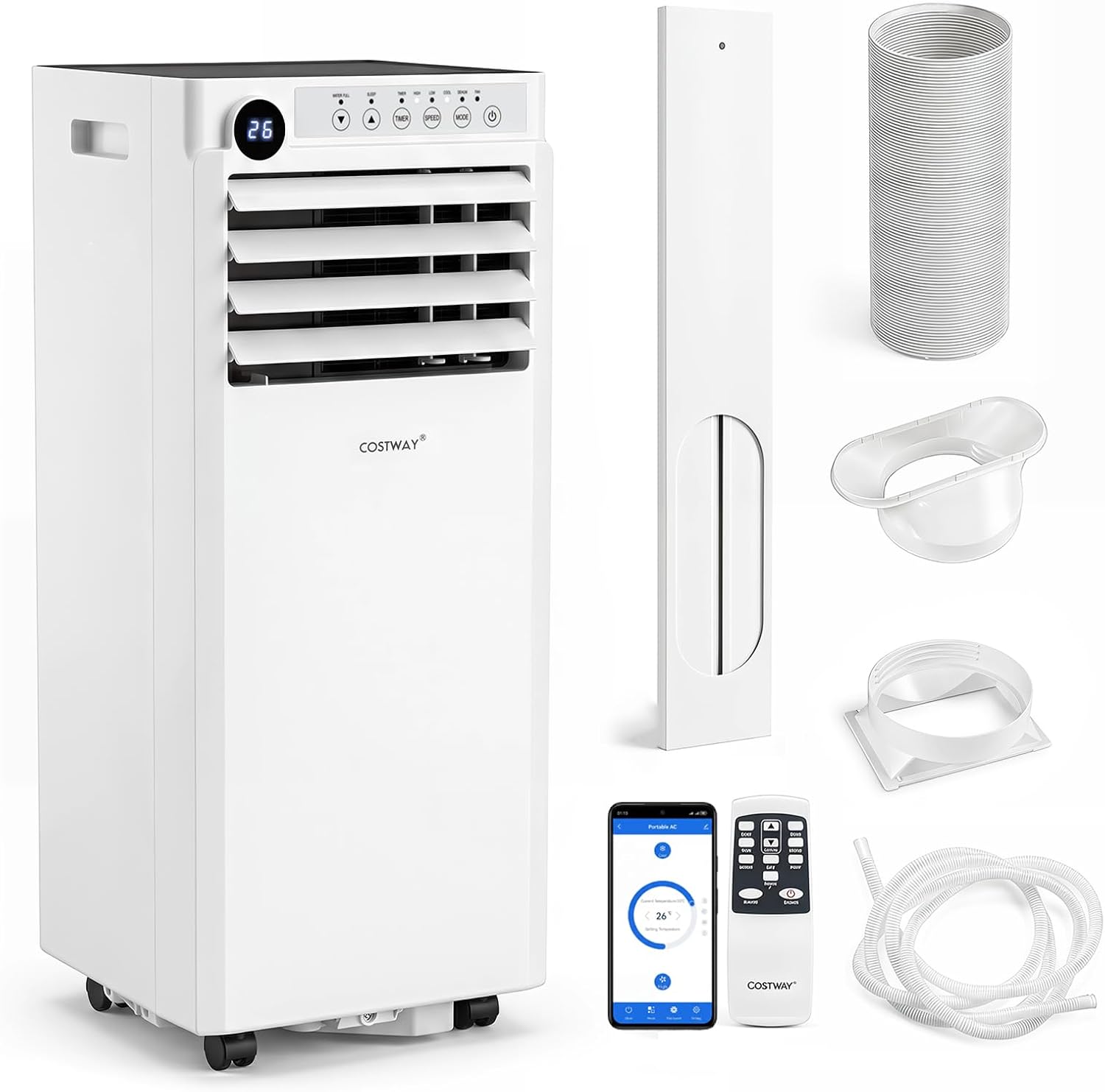  COSTWAY Climatiseur Mobile Silencieux 7000 BTU 2,1kW Wifi, 4 EN 1, Refroidissement, Déshumidificateur, Ventilateur, Mode Sommeil, Minuterie 24 H, Télécommande, Pour Chambre Jusqu'à 32,5 M²