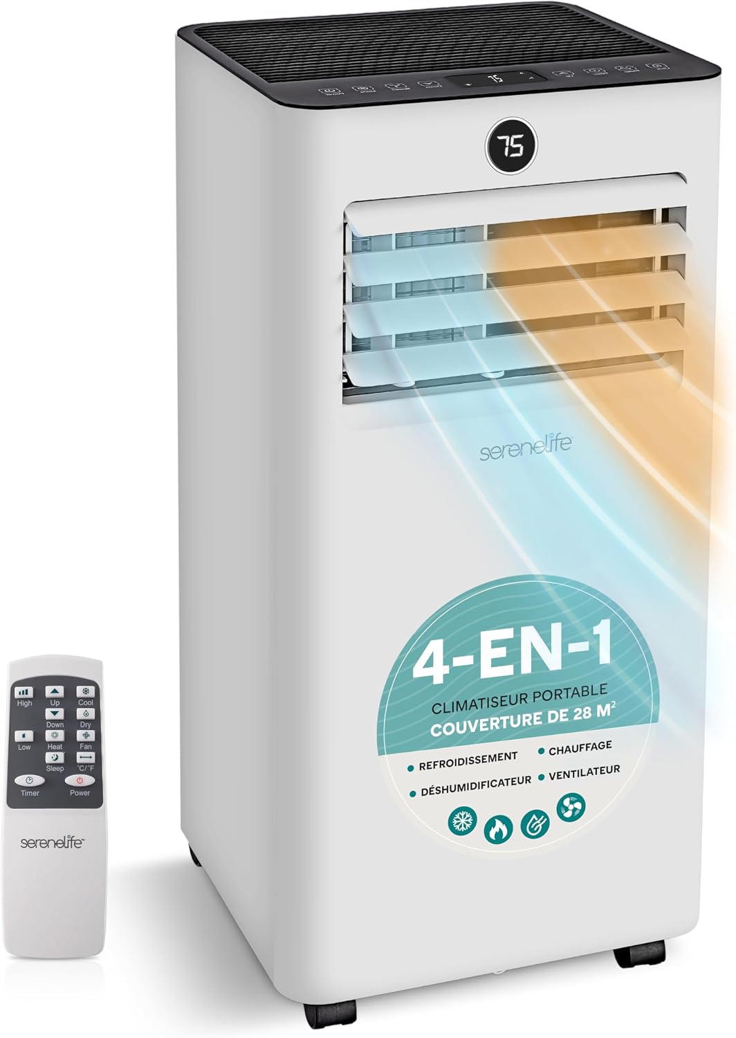  SereneLife Climatiseur Mobile 9000 BTU – Portable Silencieux 55 DB, 31 M² Ventilateur Et Déshumidificateur, Rafraîchisseur D’Air, Télécommande, Écran LED