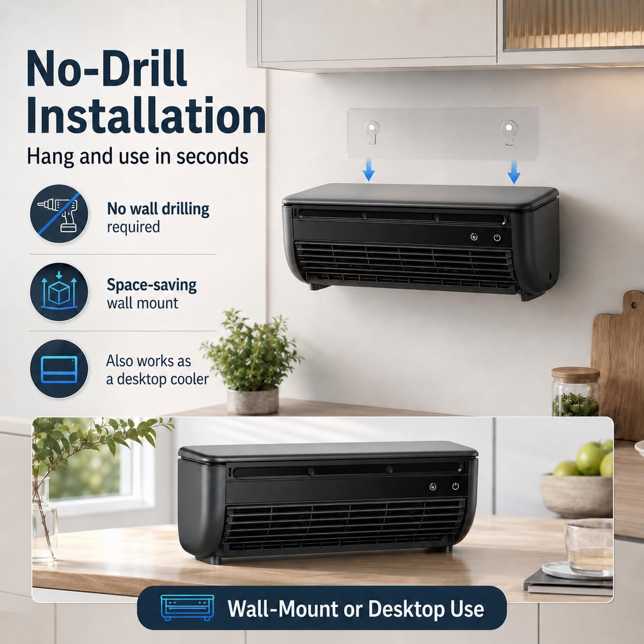  Mini Climatiseur, Unité De Climatisation Portable Sans Conduit, Refroidisseur Mural Sans Perçage Avec Télécommande, Ventilateur 3 Vitesses Pour Cuisine Et Chambre,Noir