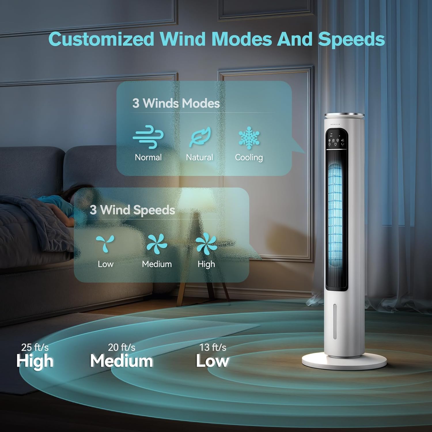  Climatiseur Portable Sans Ventilation, Réservoir D'eau De 1200 Ml Et 4 Glacières, Facile à Nettoyer, Ventilateur Tour Portable Pour Bureau, Cuisine, Salon06