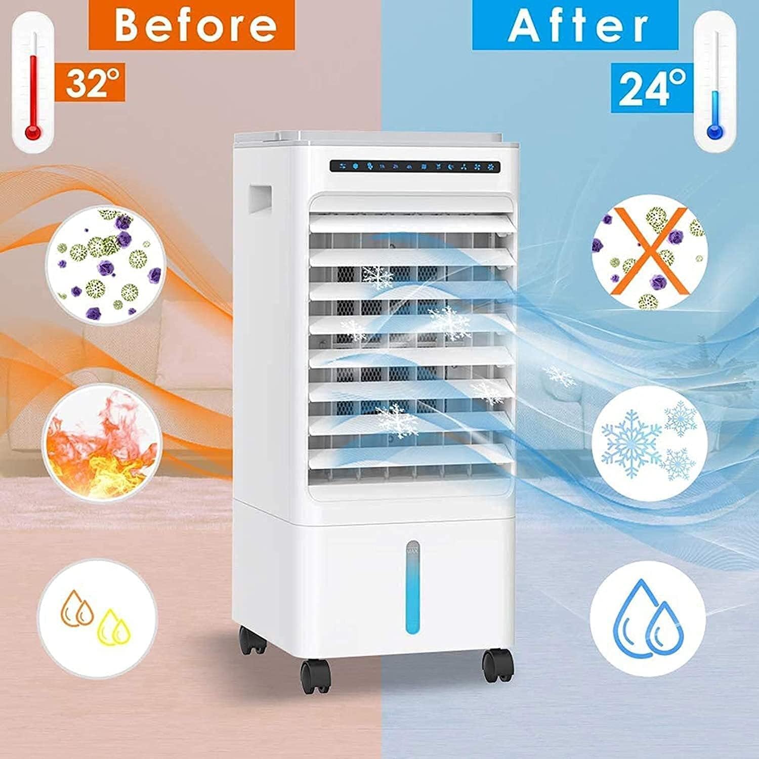  Refroidisseur D'air Portable, Purificateur De Ventilateur De Climatiseur Mobile, Humidificateur Avec Roues Et Double Réservoir D'eau De 5 L, 3 Modes, 3 Vitesses, Télécommande
