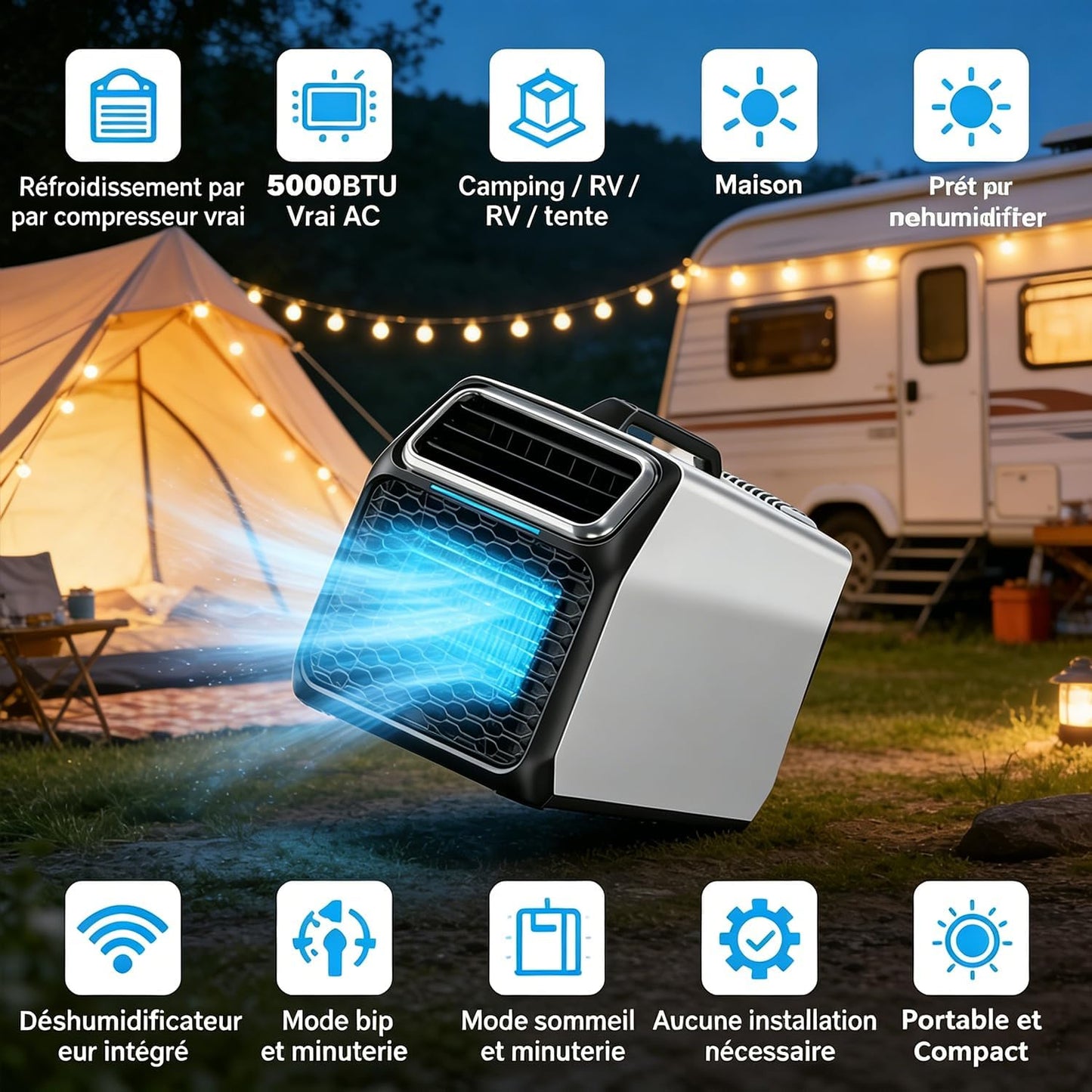  Climatiseur Mobile Silencieux 5000 BTU Pour Camping-Car, Tente Et Camion, Refroidisseur D’Air De Camping Multifonction, Mode Nuit, Minuterie, Télécommande, Usage Intérieur Extérieur Gray
