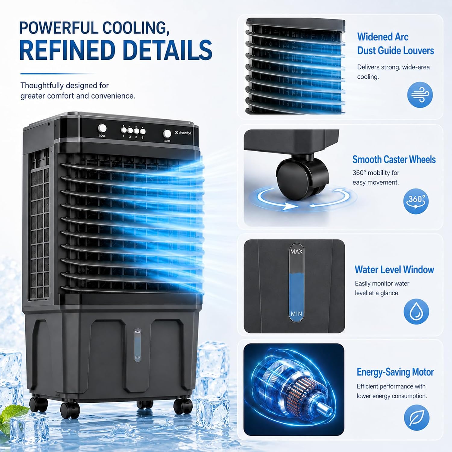  Climatiseur Mobile 3-en-1 Avec Grand Réservoir De 30 L,ventilateur à 3 Vitesses, Oscillation Automatique à 120° Et Protection Contre La Marche à Sec Idéal Pour Chambre,bureau,Garage Ou S 120cm/47.2in