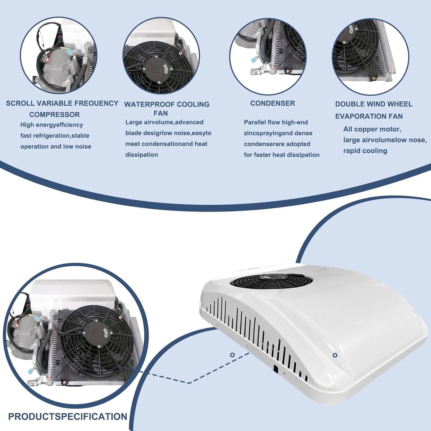 GENERIC Climatiseur De Toit 9500 BTU Pour Camping-car, Camion, Bateau, Caravane – Unité De Refroidissement Et De Chauffage Silencieuse à Faible Puissance Avec Compresseur De Rouleau