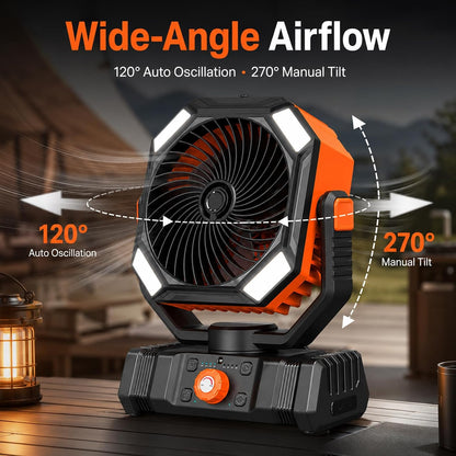  Ventilateur De Camping Rechargeable 10000mAh Avec Lanterne LED, Ventilateur Brumisateur Portable Avec Oscillation Auto Pour Tente, Accessoire Camping Avec Télécommande, ABS, Orange
