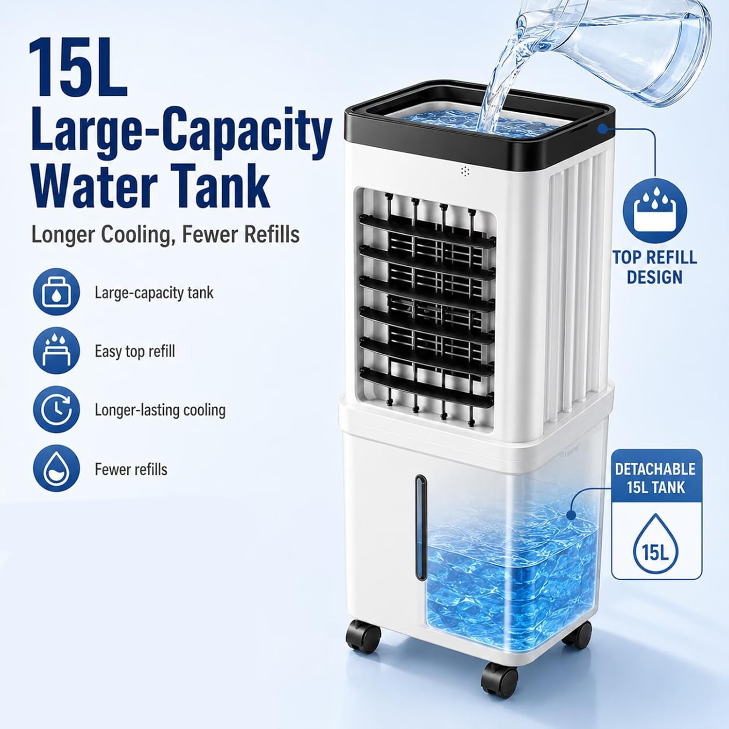  Climatiseur Portable Avec Réservoir 15 L Amovible, Climatiseur Mobile Sans Évacuation, 3 Vitesses, Climatisation Mobile Avec Minuterie 7,5 H Pour Maison Et Bureau