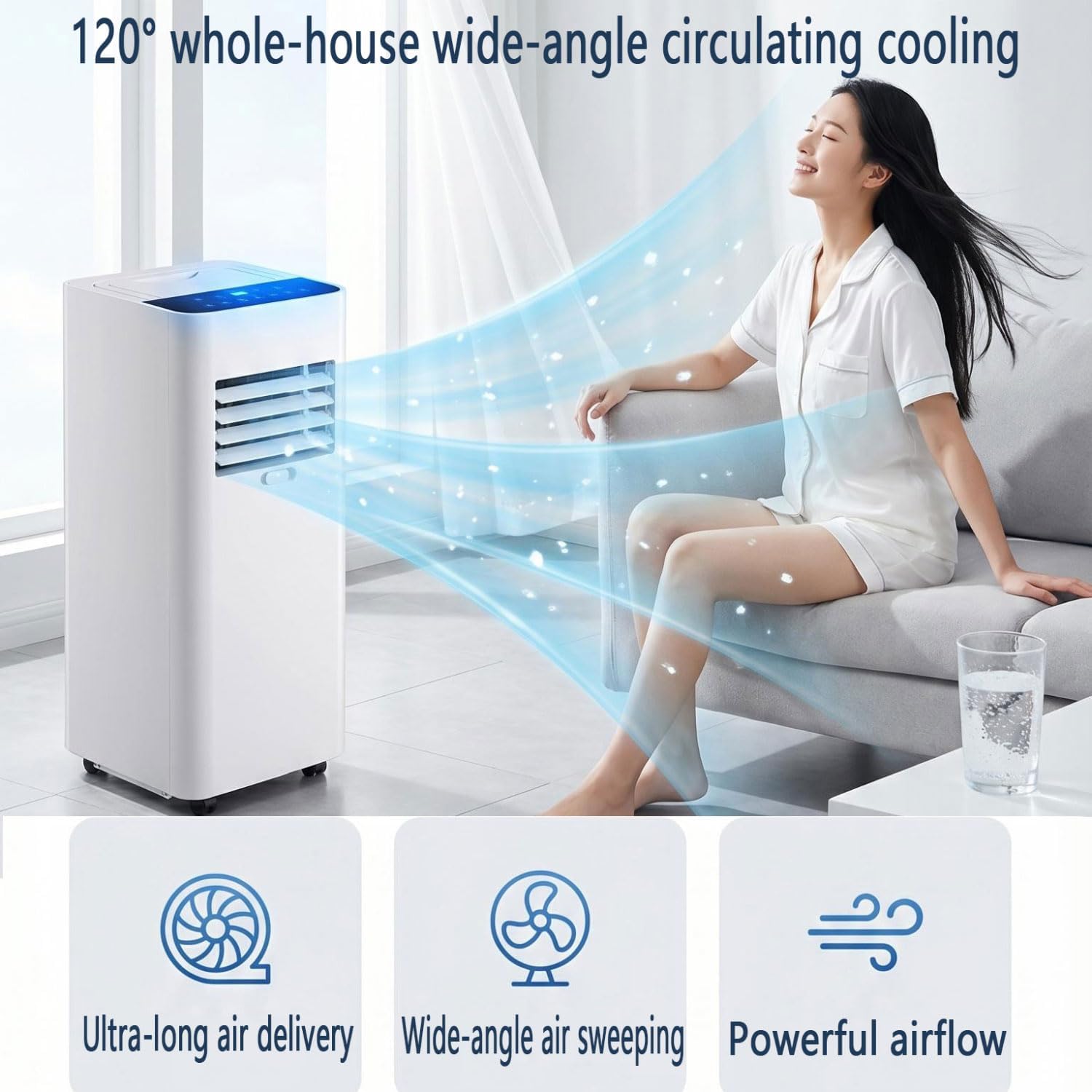  7000 BTU Climatiseur Portable Pour Grandes Pièces Et Chambres Jusqu'à 300 Sq.Ft Ultra Silencieux 30dB Smart AC Unit Ventilateur De Refroidissement Avec Ventilateur De Déshumidificateur Mode De Sommeil