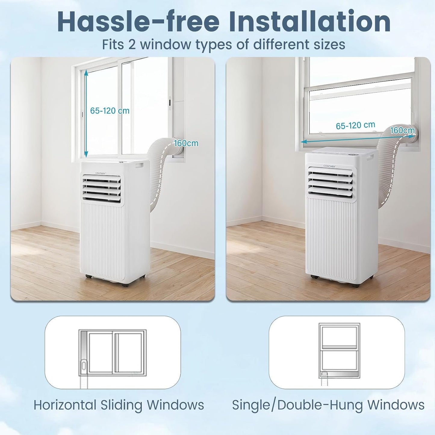  COSTWAY Climatiseur Mobile Silencieux 7000 BTU 2,1kW Wifi, 4 EN 1, Refroidissement, Déshumidificateur, Ventilateur, Mode Sommeil, Minuterie 24 H, Télécommande, Pour Chambre Jusqu'à 32,5 M²