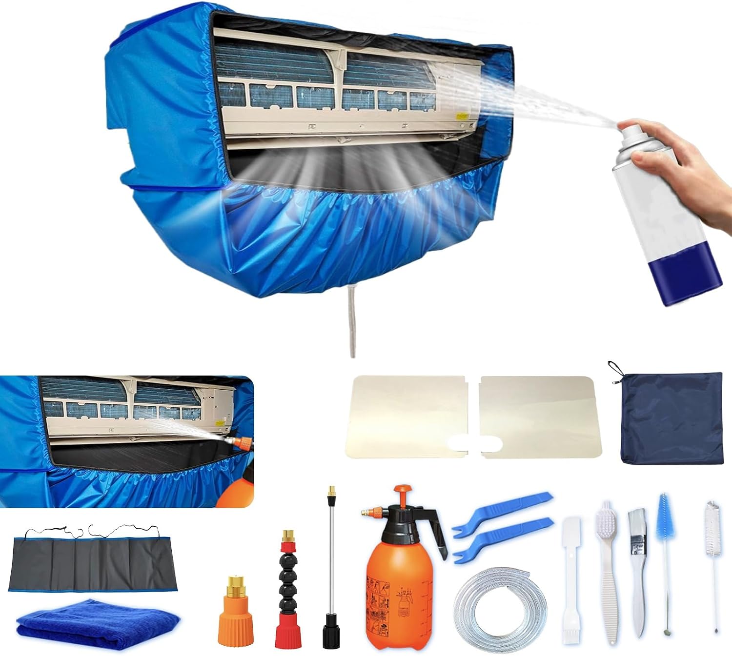  Kit De Nettoyage Pour Climatiseur Split(Panneaux Latéraux Améliorés), Avec Un Espace Supplémentaire Sac De Nettoyage Pour Climatiseur Split(bleu Et Blanc, Petit, 18 Pièces)