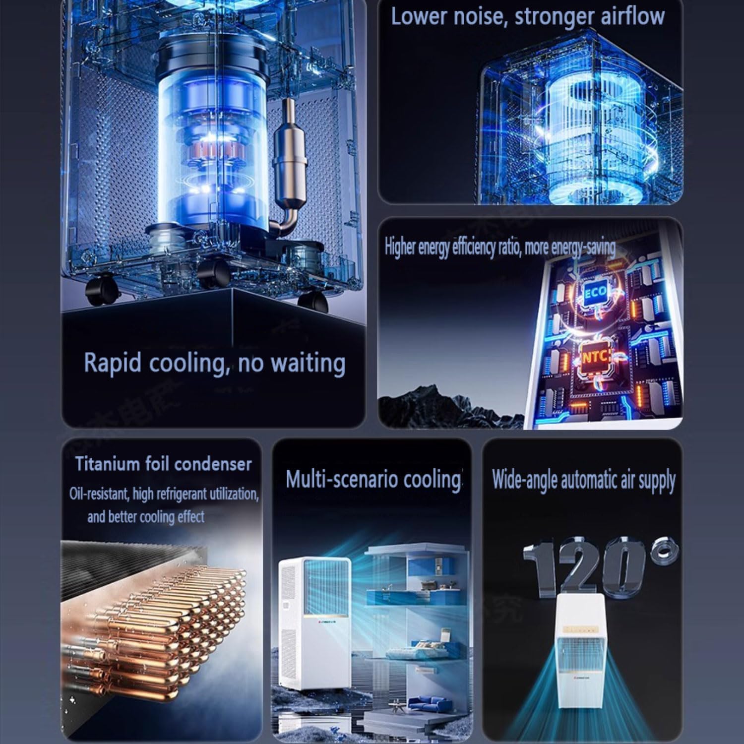  Climatiseur Portable Pour Grande Pièce, Unité Intelligente Avec Kit De Télécommande Et De Fenêtre, Refroidissement Rapide Et Déshumidificateur, Mode De Sommeil Silencieux, Oscillation 120 °