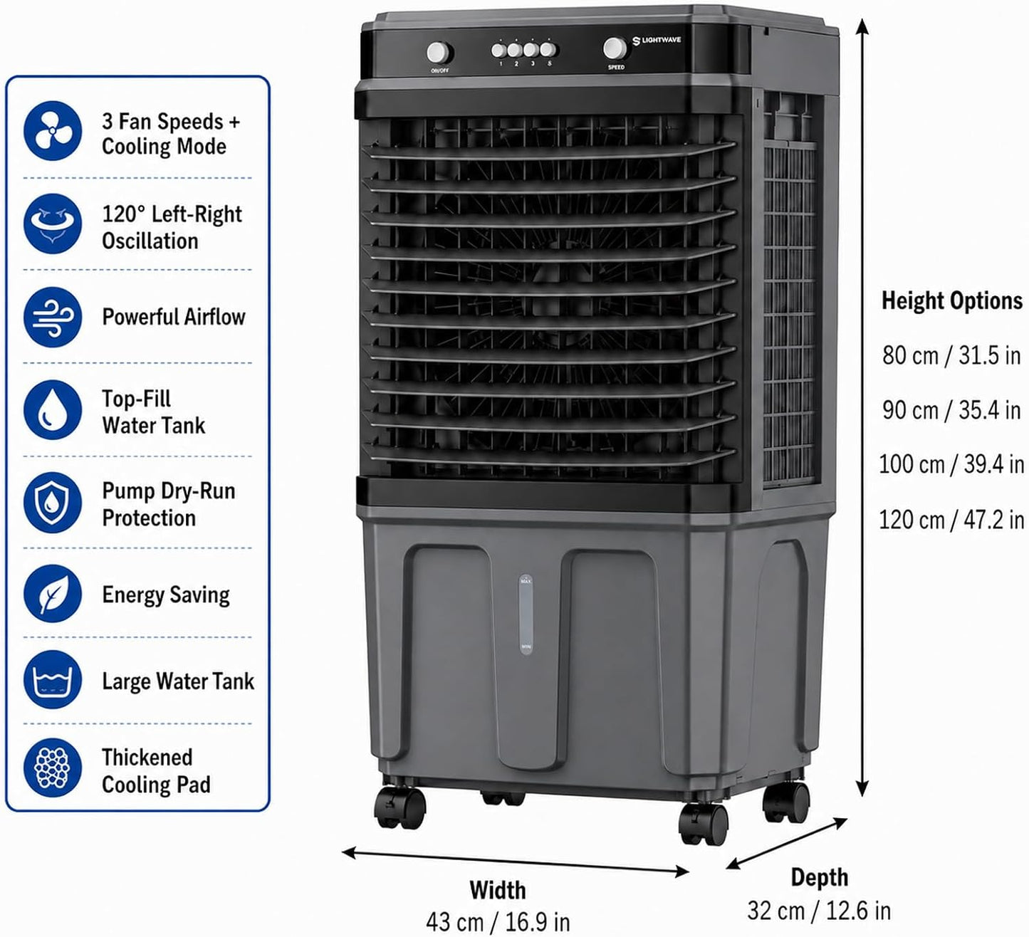  Climatiseur Mobile 3-en-1 Avec Grand Réservoir De 30 L,ventilateur à 3 Vitesses, Oscillation Automatique à 120° Et Protection Contre La Marche à Sec Idéal Pour Chambre,bureau,Garage Ou S 120cm/47.2in