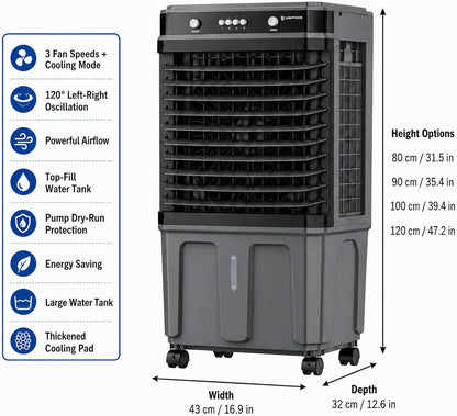  Climatiseur Mobile 3-en-1 Avec Grand Réservoir De 30 L,ventilateur à 3 Vitesses, Oscillation Automatique à 120° Et Protection Contre La Marche à Sec Idéal Pour Chambre,bureau,Garage Ou S 120cm/47.2in