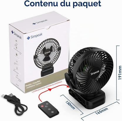  Simpeak 8000 MAh Ventilateur USB Avec Télécommande Mini Ventilateur Portable De Camping Ventilateur De Table Pince Avec 3 Vitesses| 3 Modes De Lumière LED| Rotation à 720°