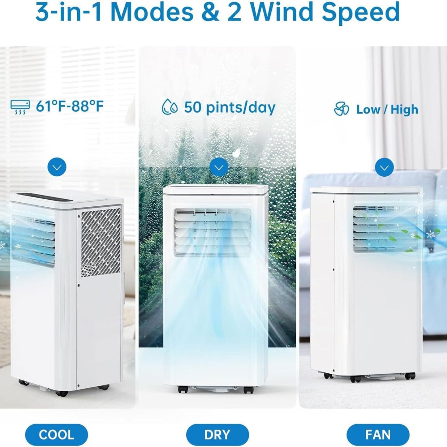  Climatisation Portable Refroidit Jusqu'à 350 Sq.Ft., Smart AC Avec Télécommande, Ventilateur Silencieux, Modes De Sommeil, Minuterie 24H, Kits De Fenêtre Pour La Maison Ou Le Bureau