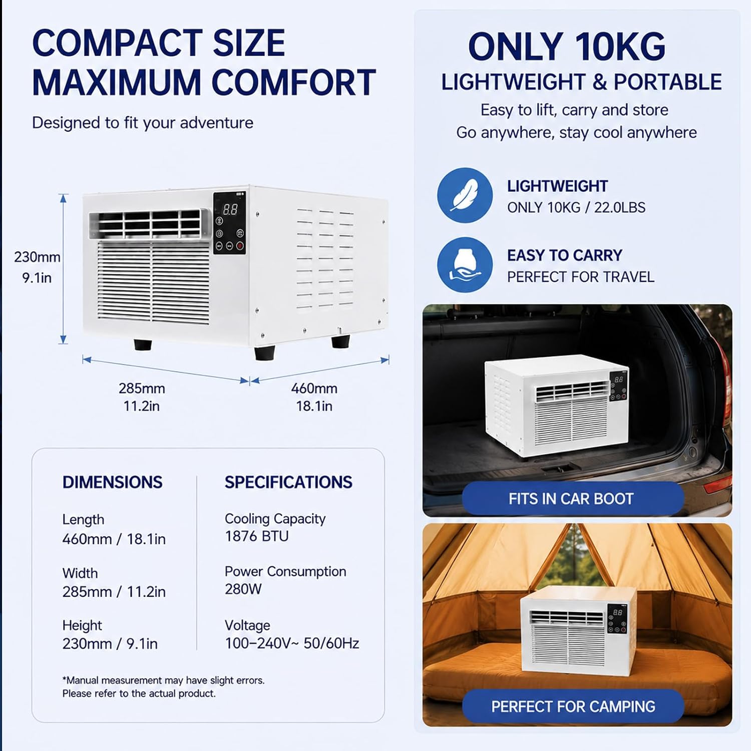  Climatiseur De Camping Portable, 1876 BTU AC, 280W Basse Puissance, Spot Cooler Silencieux Avec Télécommande, Mode Double Froid/Déshumidification, Minuterie 24H, Pour Tente 1-5㎡, RV, Plein Air