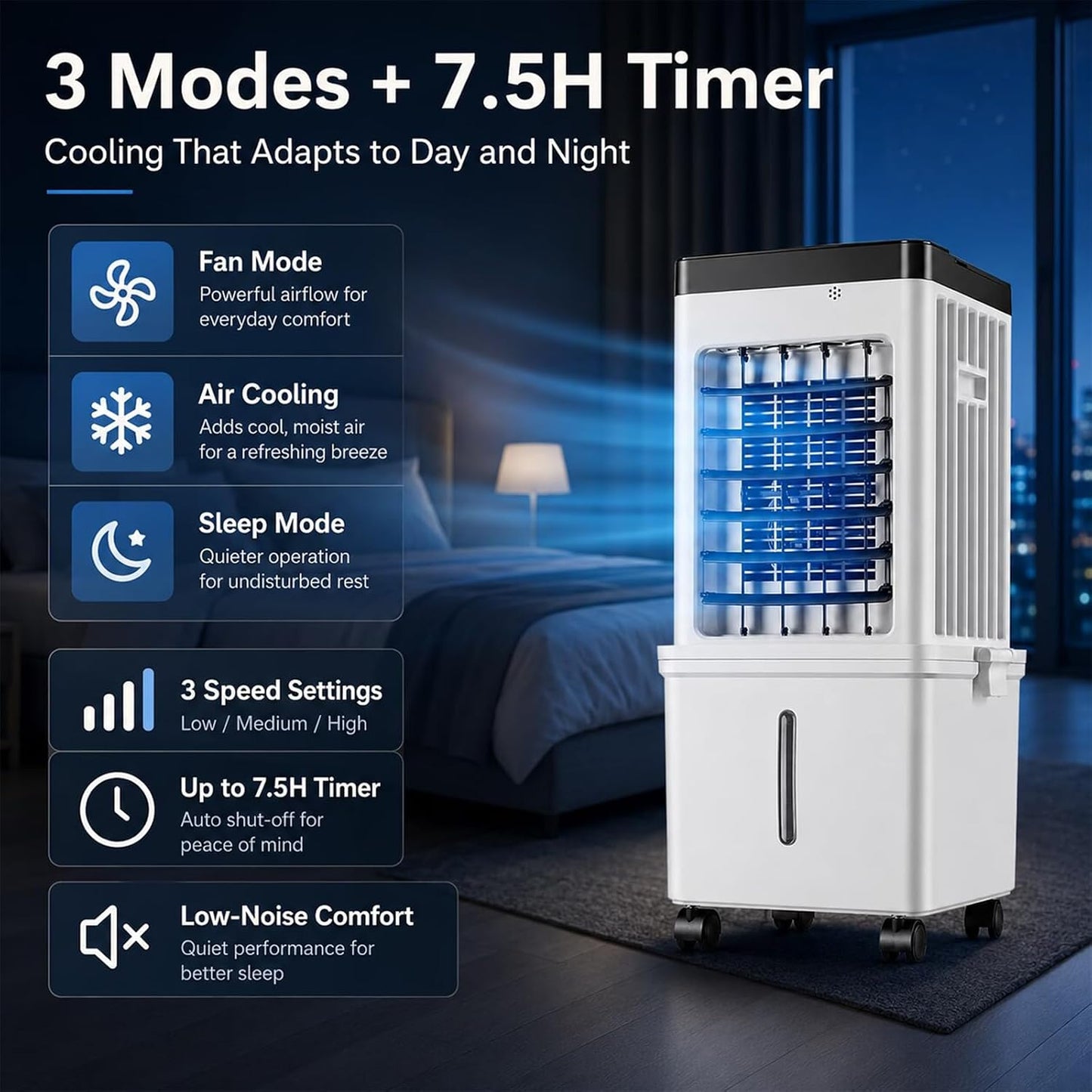  Climatiseur Portable Avec Réservoir 15 L Amovible, Climatiseur Mobile Sans Évacuation, 3 Vitesses, Climatisation Mobile Avec Minuterie 7,5 H Pour Maison Et Bureau
