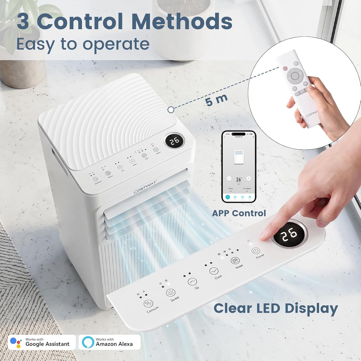  COSTWAY Climatiseur Mobile Silencieux 7000 BTU 2,1kW Wifi, 4 EN 1, Refroidissement, Déshumidificateur, Ventilateur, Mode Sommeil, Minuterie 24 H, Télécommande, Pour Chambre Jusqu'à 32,5 M²