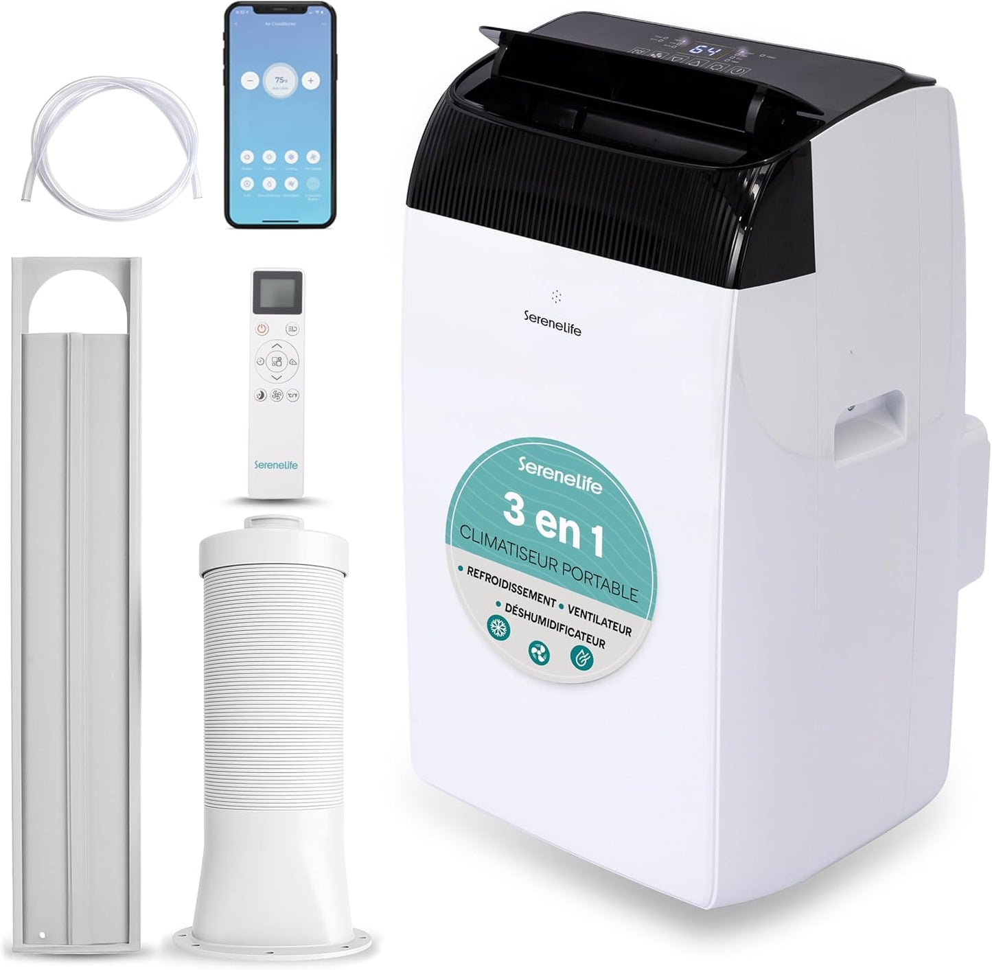  SereneLife Climatiseur Mobile 9000 BTU WiFi – Climatiseur Portable Sans Unité Extérieure, Mode Nuit, Ventilateur Et Déshumidificateur, Kit Fenêtre