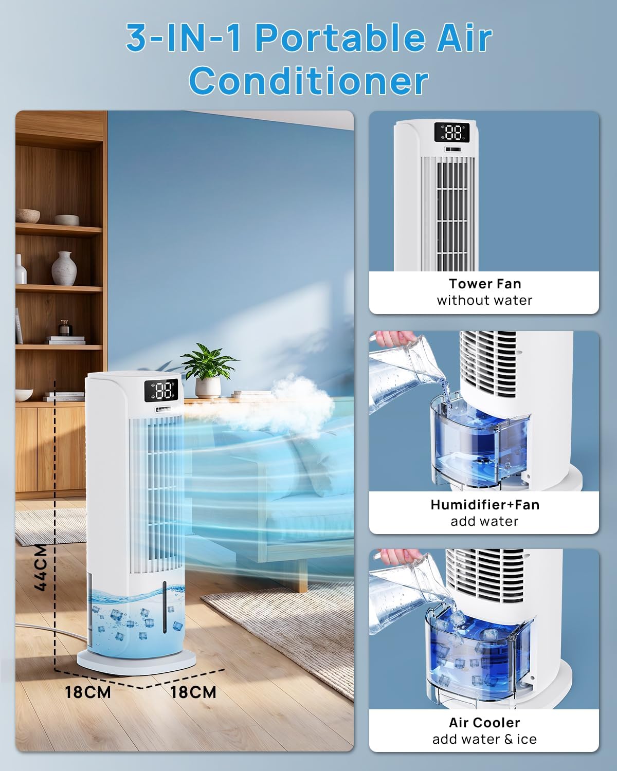  Rafraîchisseur D'Air 4 En 1, Climatiseur Mobile Avec 6 Vitesses Et 2 Modes, Oscillation 90°, Minuterie 12H, Télécommande, Portable, Silencieux, Pour La Maison Et Le Bureau