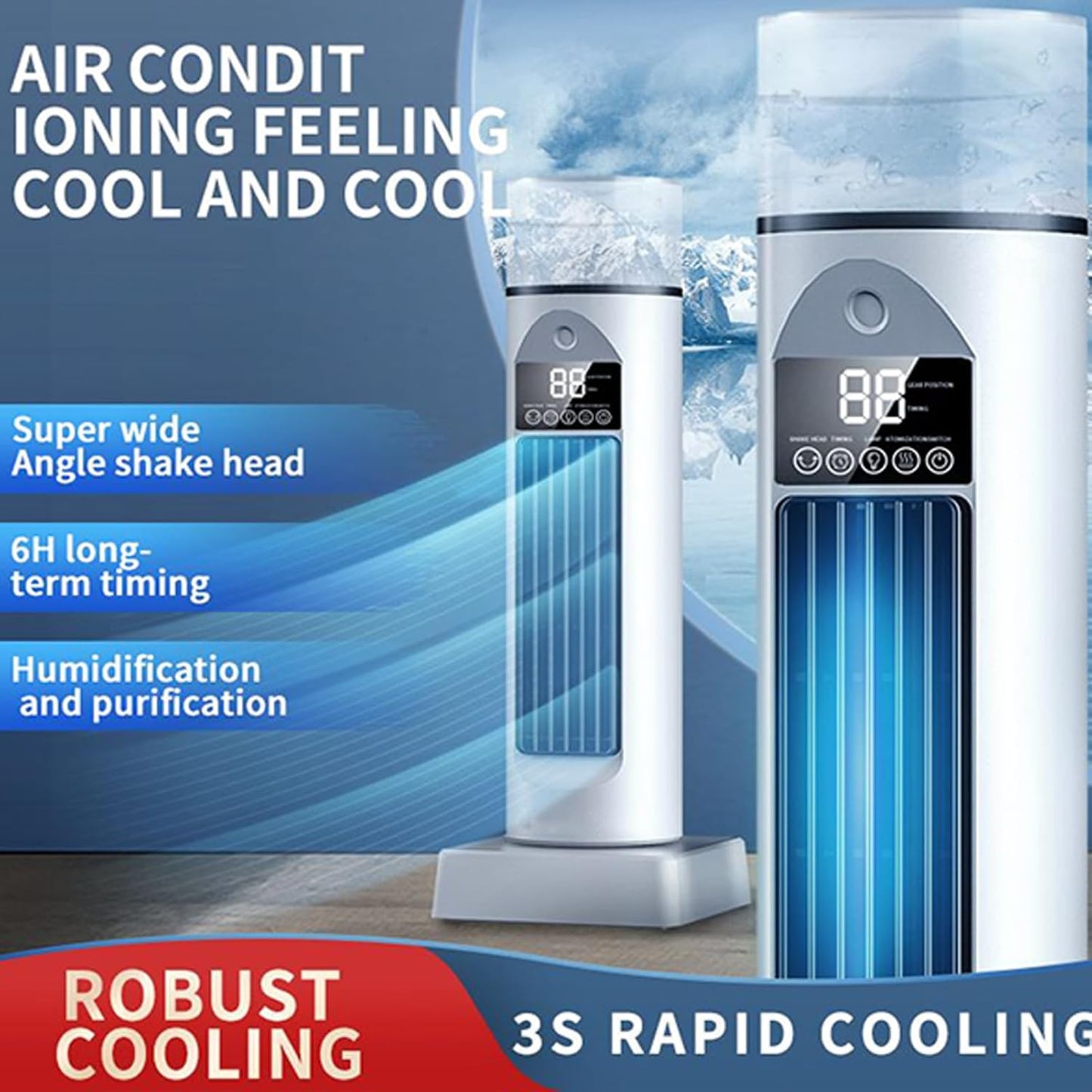  Ventilateur De Refroidissement Pour Climatiseur, Unité De Climatisation Avec Affichage Numérique, Refroidisseur Oscillant Silencieux, 6 Vitesses, Avec Télécommande Et Réservoir D'eau, Minuterie De 6