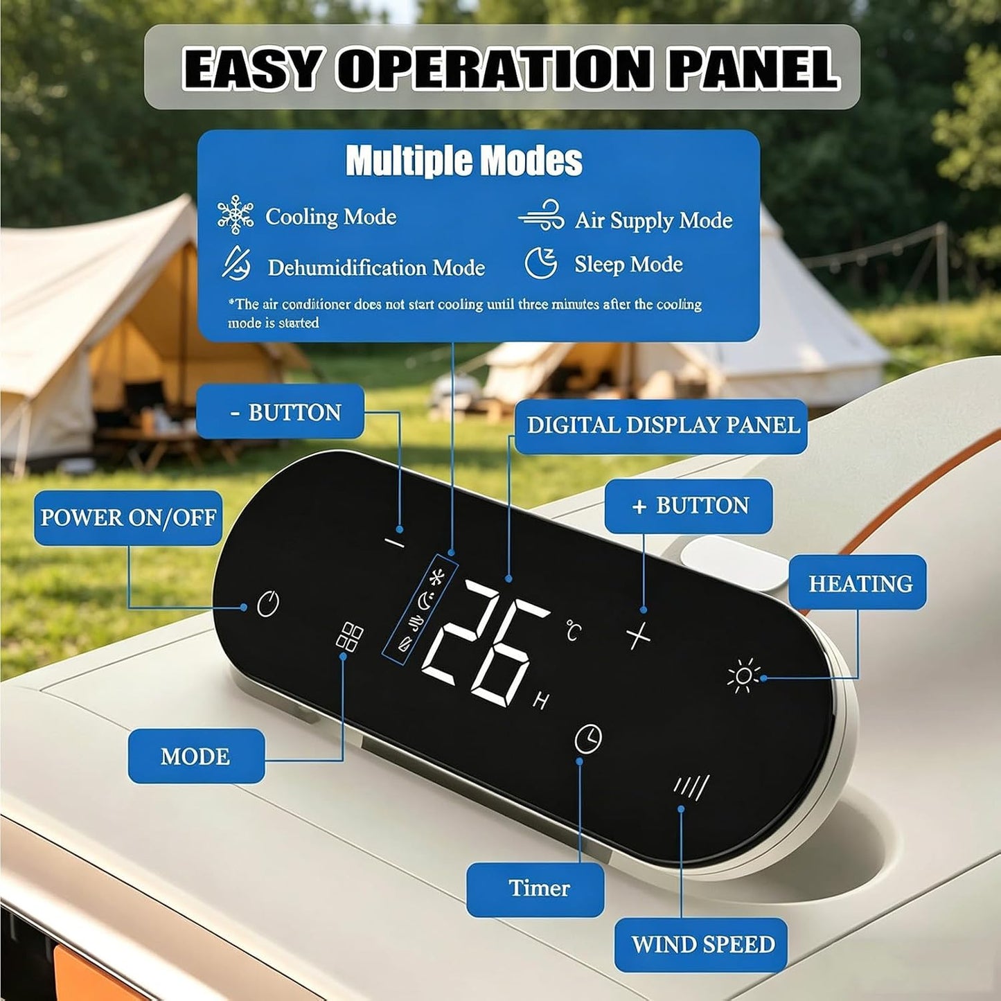  Climatisation Portable 420W, Compresseur Refroidisseur D'air Sans Montage De Fenêtre. Calme <42dB, Affichage Tactile Et Télécommande.Idéal Pour Camping-Car, Tente Et Camping.Aucun Drain Nécessaire.