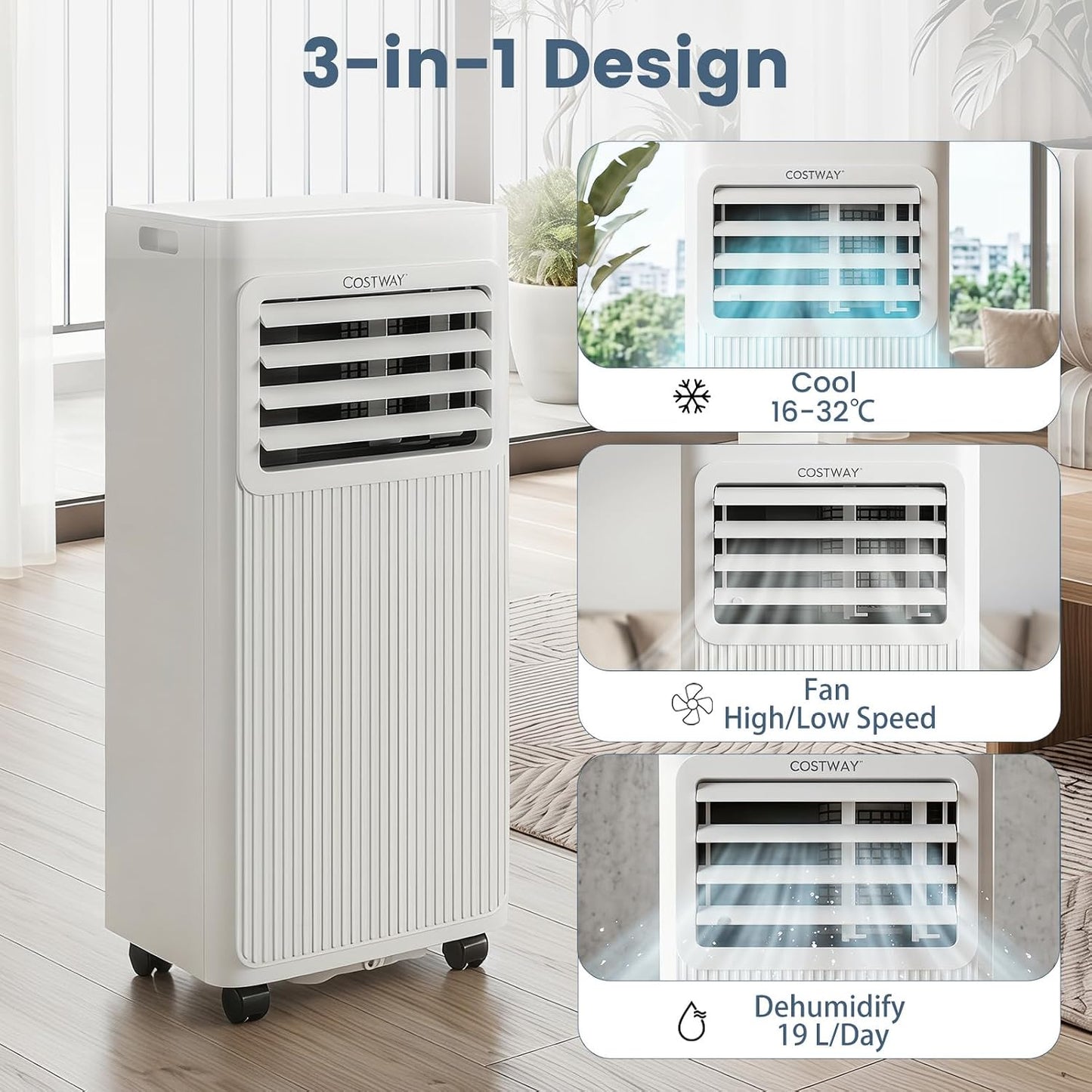  COSTWAY Climatiseur Mobile Silencieux 7000 BTU 2,1kW Wifi, 4 EN 1, Refroidissement, Déshumidificateur, Ventilateur, Mode Sommeil, Minuterie 24 H, Télécommande, Pour Chambre Jusqu'à 32,5 M²