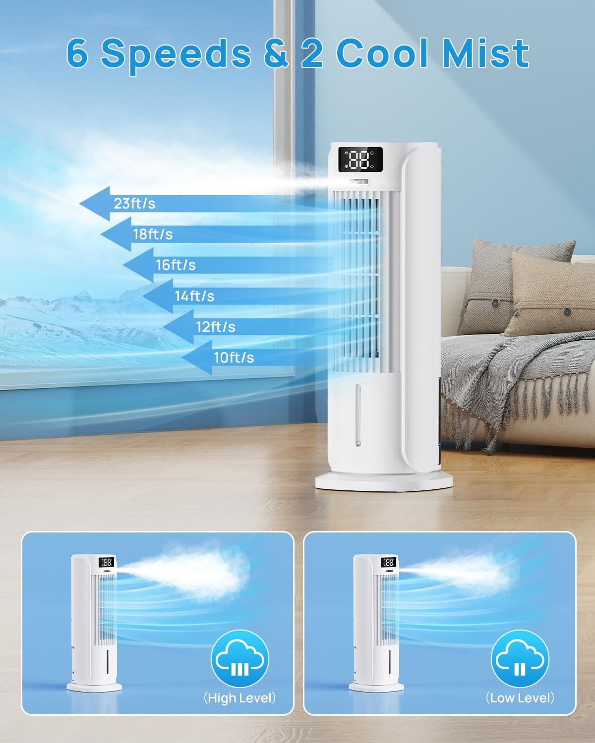  Rafraîchisseur D'Air 4 En 1, Climatiseur Mobile Avec 6 Vitesses Et 2 Modes, Oscillation 90°, Minuterie 12H, Télécommande, Portable, Silencieux, Pour La Maison Et Le Bureau