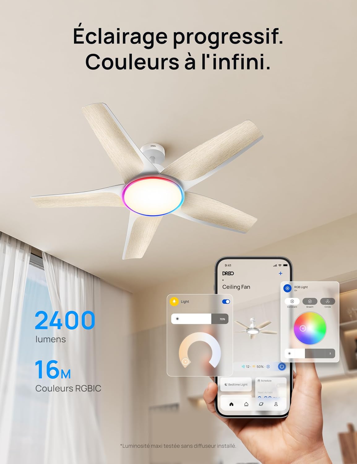  DREO Ventilateur De Plafond Intelligent à Profil Bas Avec Lumière 132 Cm, LED Dimmable à Température De Couleur Réglable, éclairage D’ambiance RGB, Moteur CC Silencieux, Installation Facile, Blanc，APP