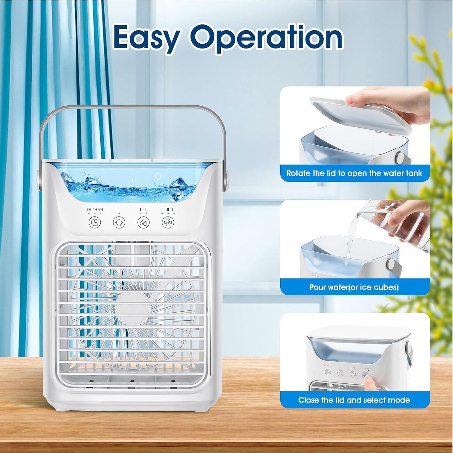  Fockety Climatiseur Portable, 4 Sur 1 Refroidisseur D'air évaporatif Avec 3 Vitesses, 2/4 / 6H Timer, 2 Brume Et 7 Nuits, 700 ML Ventilateur De Refroidissement Pour Chambre, Maison,