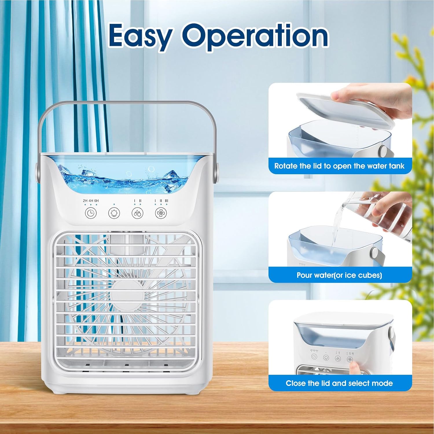  Fockety Climatiseur Portable, 4 Sur 1 Refroidisseur D'air évaporatif Avec 3 Vitesses, 2/4 / 6H Timer, 2 Brume Et 7 Nuits, 700 ML Ventilateur De Refroidissement Pour Chambre, Maison,