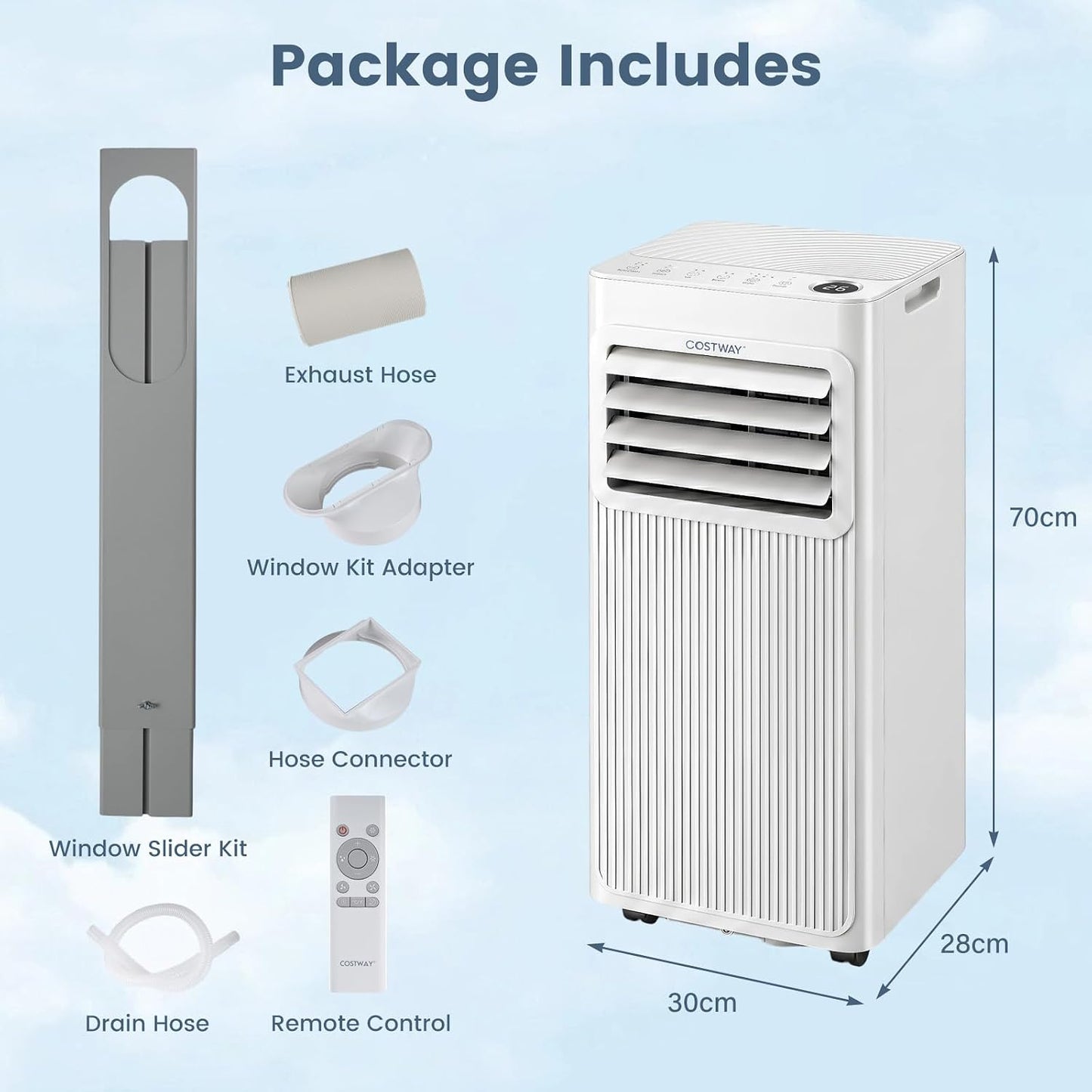  COSTWAY Climatiseur Mobile Silencieux 7000 BTU 2,1kW Wifi, 4 EN 1, Refroidissement, Déshumidificateur, Ventilateur, Mode Sommeil, Minuterie 24 H, Télécommande, Pour Chambre Jusqu'à 32,5 M²