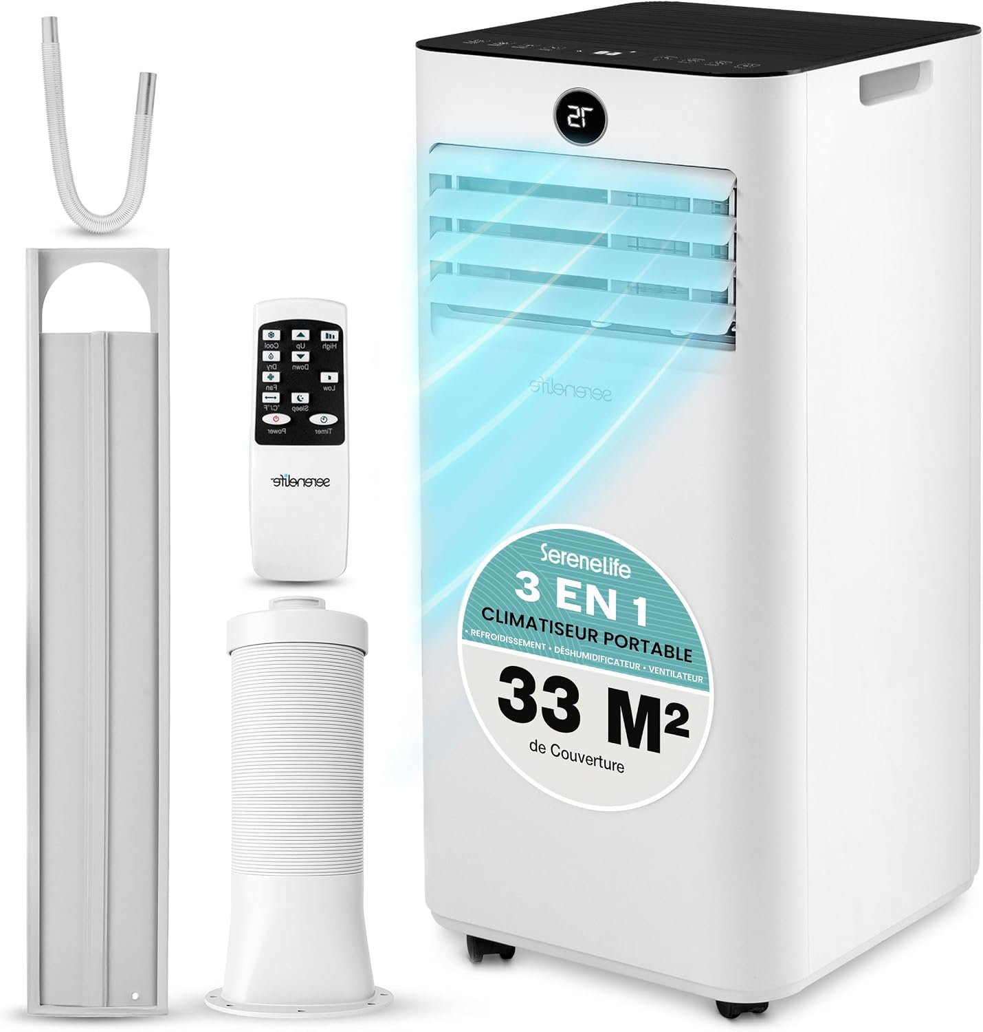  SereneLife Climatiseur Mobile 9000 BTU – Portable Silencieux 55 DB, 31 M² Ventilateur Et Déshumidificateur, Rafraîchisseur D’Air, Télécommande, Écran LED