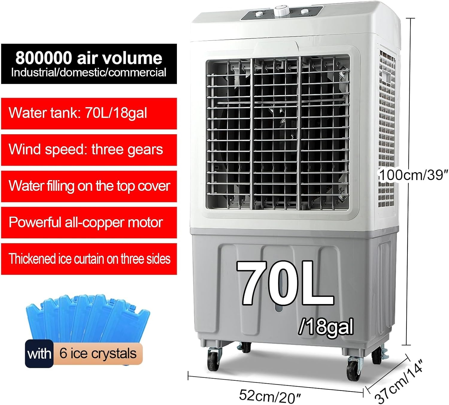  Climatiseur à évaporation, Refroidisseur D'air à Oscillation De 120°, 3 Vitesses De Vent Pour Une Utilisation En Intérieur Et En Extérieur