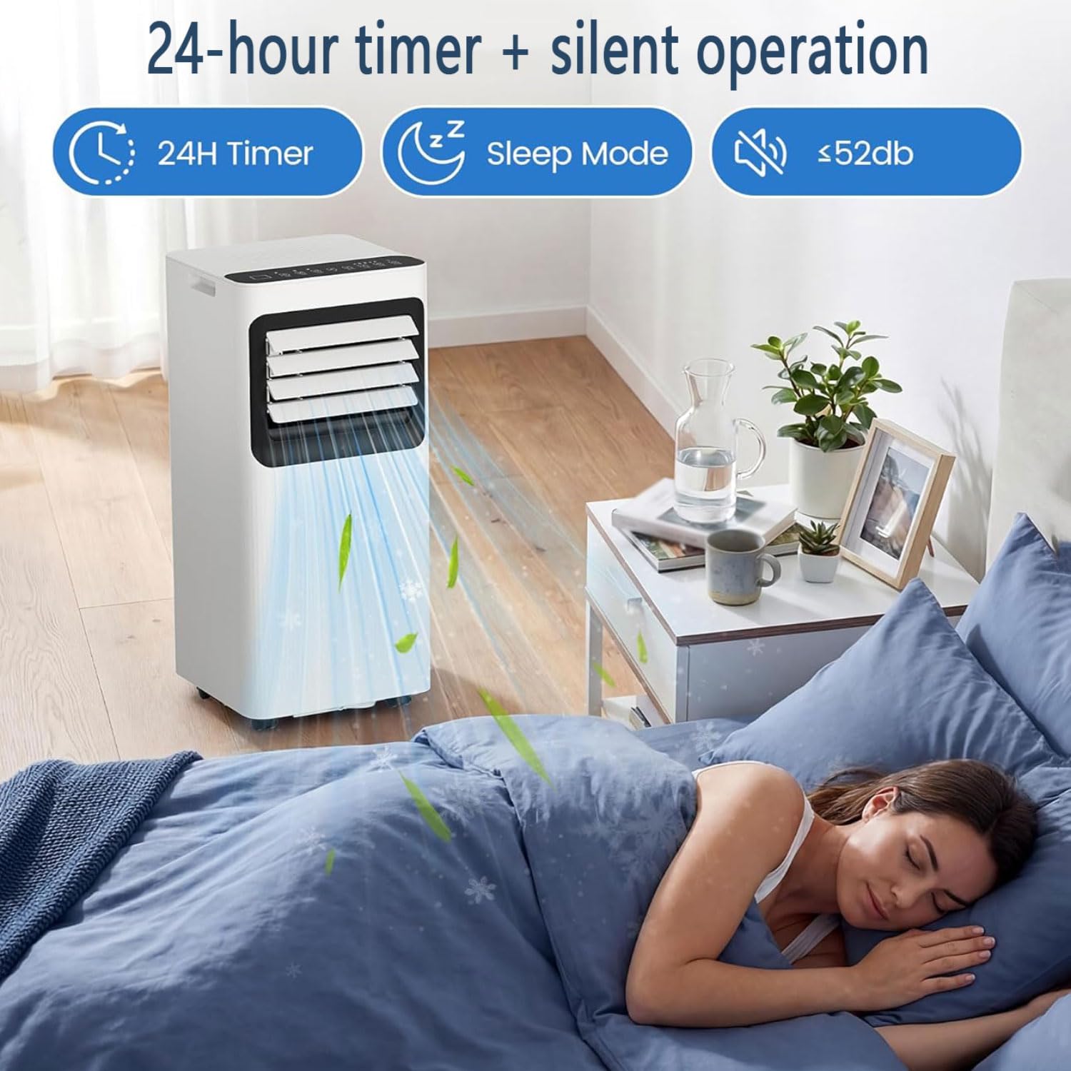  Climatisation Portable Refroidit Jusqu'à 350 Sq.Ft., Smart AC Avec Télécommande, Ventilateur Silencieux, Modes De Sommeil, Minuterie 24H, Kits De Fenêtre Pour La Maison Ou Le Bureau