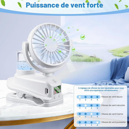  JIZZU Ventilateur à Pince, Mini Ventilateur Rechargeable Par USB Avec Spray Humidificateur, à 4 Vitesses Avec Clip, Affichage LED, Small Table Fan Pour Bureau, Maison, Camping - Blanc