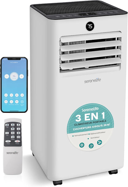  SereneLife Climatiseur Mobile 9000 BTU – Portable Silencieux 55 DB, 31 M² Ventilateur Et Déshumidificateur, Rafraîchisseur D’Air, Télécommande, Écran LED