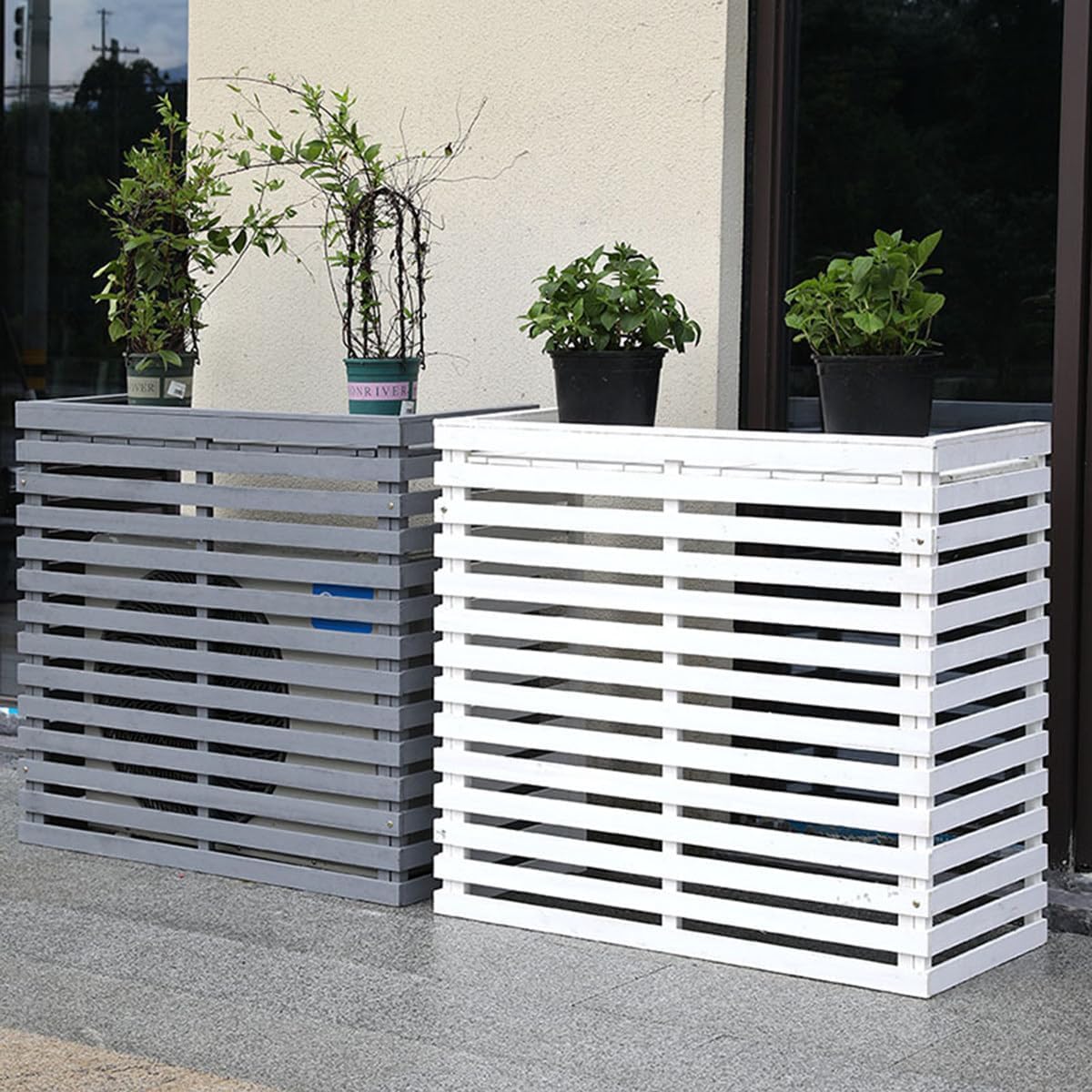 GENERIC Housse De Protection Pour Climatiseur D'extérieur En Bois Massif Avec Persiennes Et Support De Fleurs Résistant Aux Intempéries 85 X 35 X 80 Cm Pour Décoration De Terrasse Et De Jardin