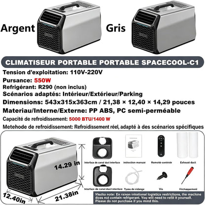  Climatiseur Mobile Silencieux 5000 BTU Pour Camping-Car, Tente Et Camion, Refroidisseur D’Air De Camping Multifonction, Mode Nuit, Minuterie, Télécommande, Usage Intérieur Extérieur Gray