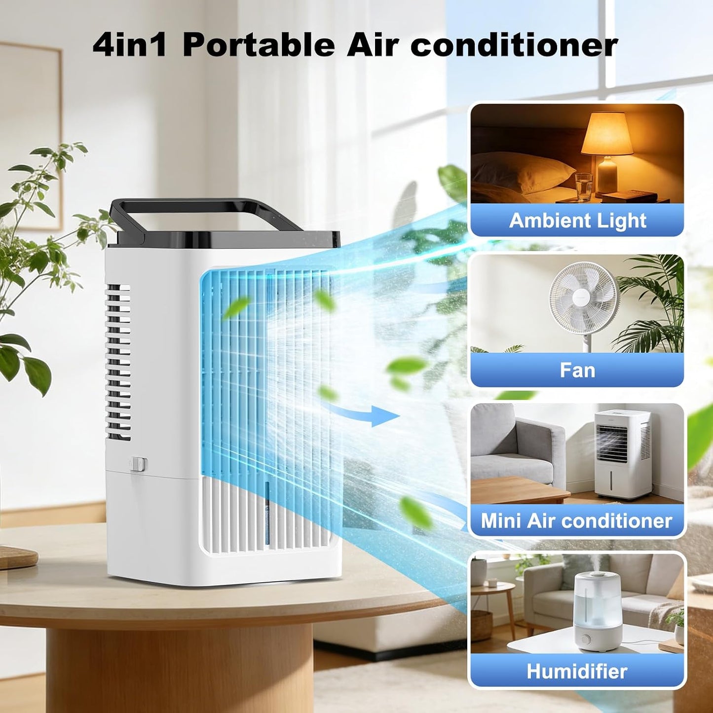  Climatiseur Portable 4 En 1, Refroidisseur D'air Portable 1200 Ml, 4 Vitesses, 2 Brumisations, 7 Couleurs LED, Minuterie 1-8H, Refroidisseur D'air Pour Camping, Bureau (blanc)