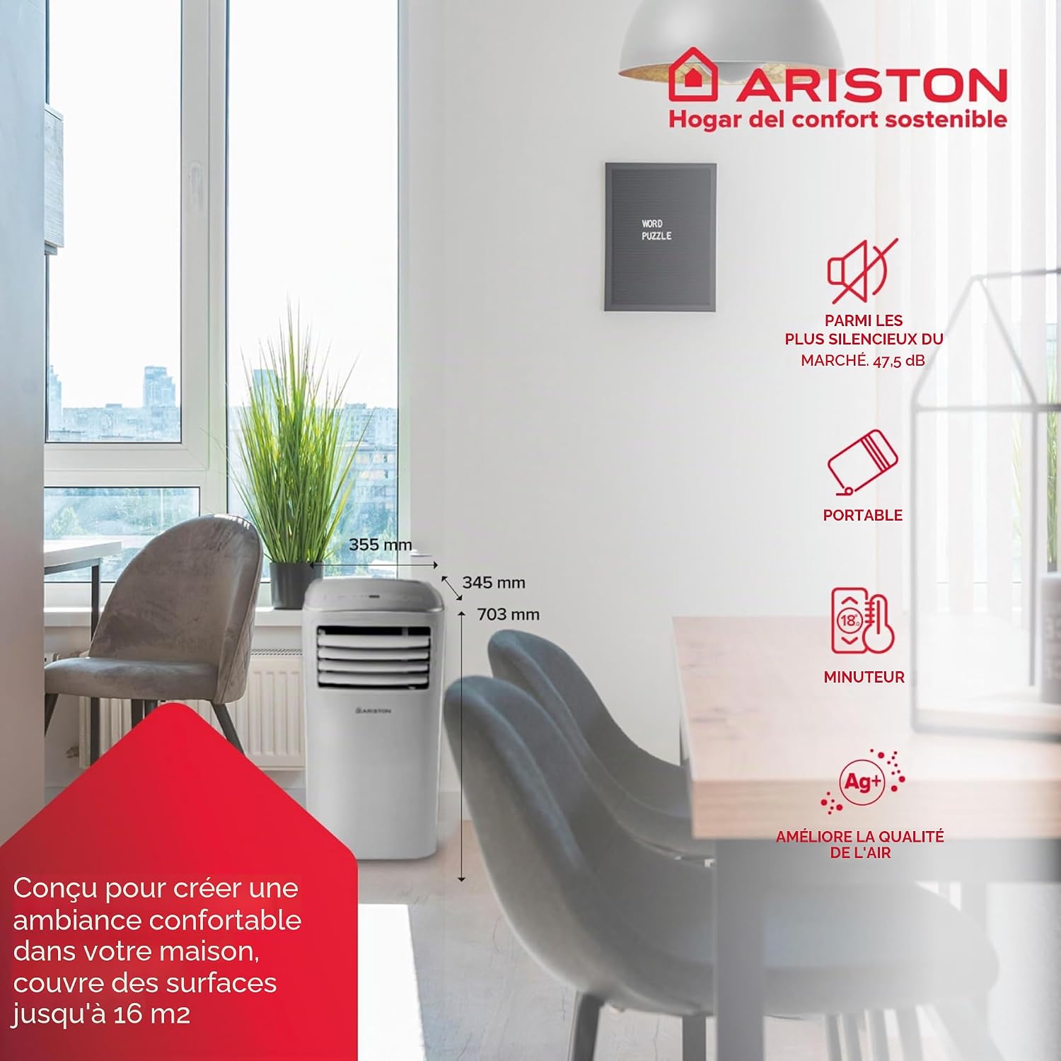  Ariston Mobis 8, Climatiseur Mobile Compact 3 En 1, 8.000 Btu/h, Air Pur, Silencieux