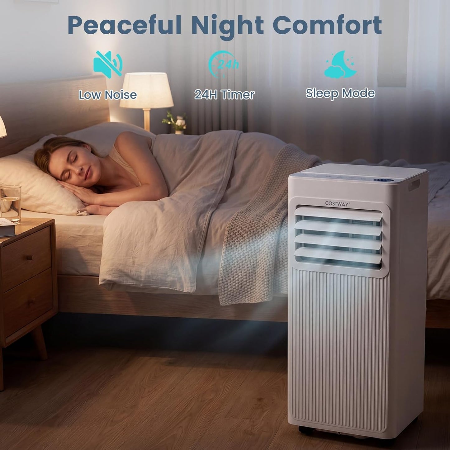  COSTWAY Climatiseur Mobile Silencieux 7000 BTU 2,1kW Wifi, 4 EN 1, Refroidissement, Déshumidificateur, Ventilateur, Mode Sommeil, Minuterie 24 H, Télécommande, Pour Chambre Jusqu'à 32,5 M²