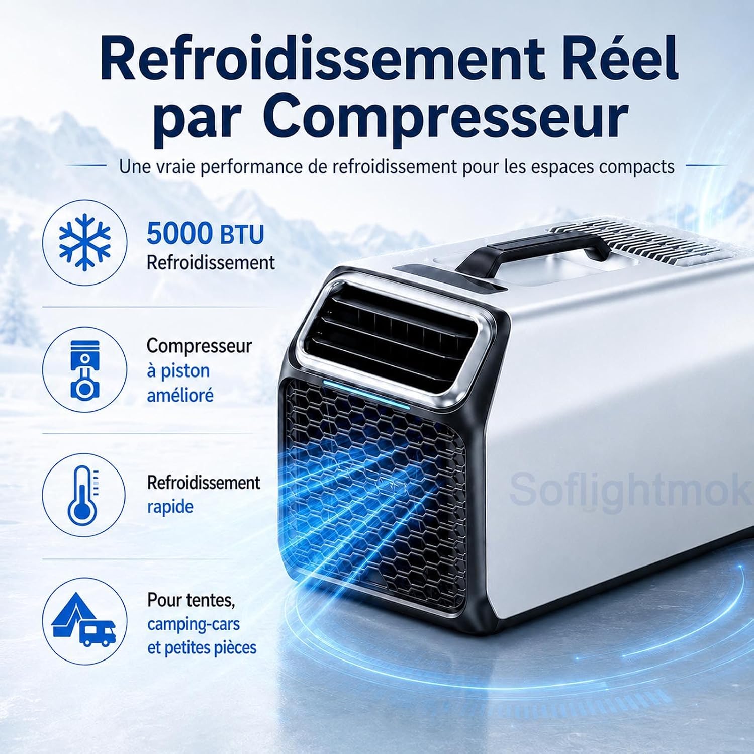  Climatiseur Portable 220v Avec Déshumidificateur Pour Été Silver-220V | Conçu Pour Les Escapades D’été, Les Chalets, Ateliers Et Petites Pièces Nécessitant Un Vrai Refroidissement.