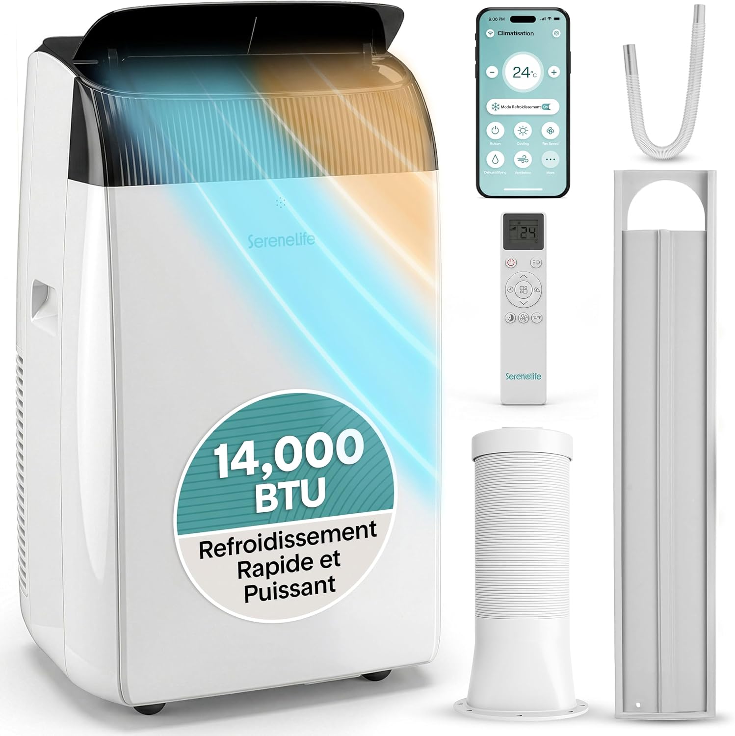  SereneLife Climatiseur Mobile 9000 BTU WiFi – Climatiseur Portable Sans Unité Extérieure, Mode Nuit, Ventilateur Et Déshumidificateur, Kit Fenêtre