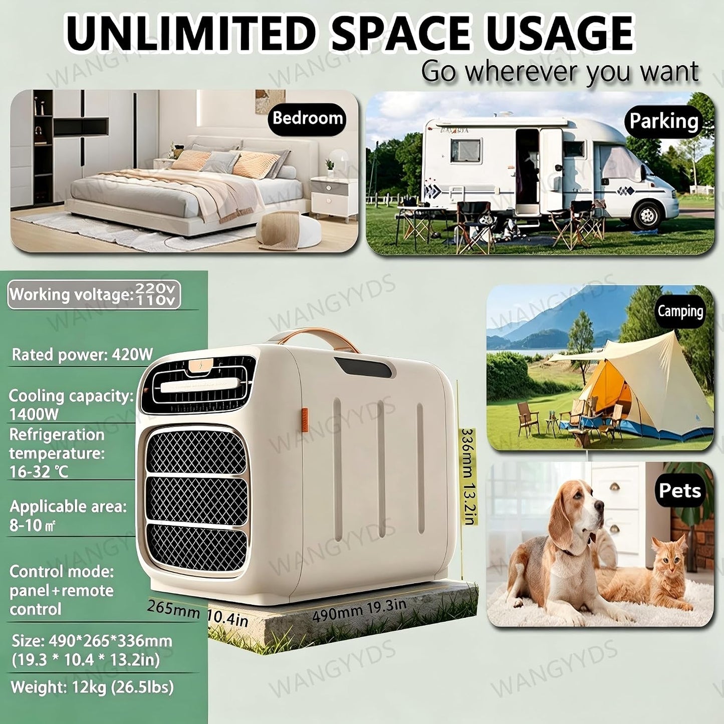  Climatiseur Portable Pour Camping Et Voyages Extérieurs, Double Tuyau, 4700 BTU, 420W, Silencieux 45 DB. Refroidissement, Chauffage Et Déshumidification, Sans Évacuation, Pour Caravanes, Camping-cars