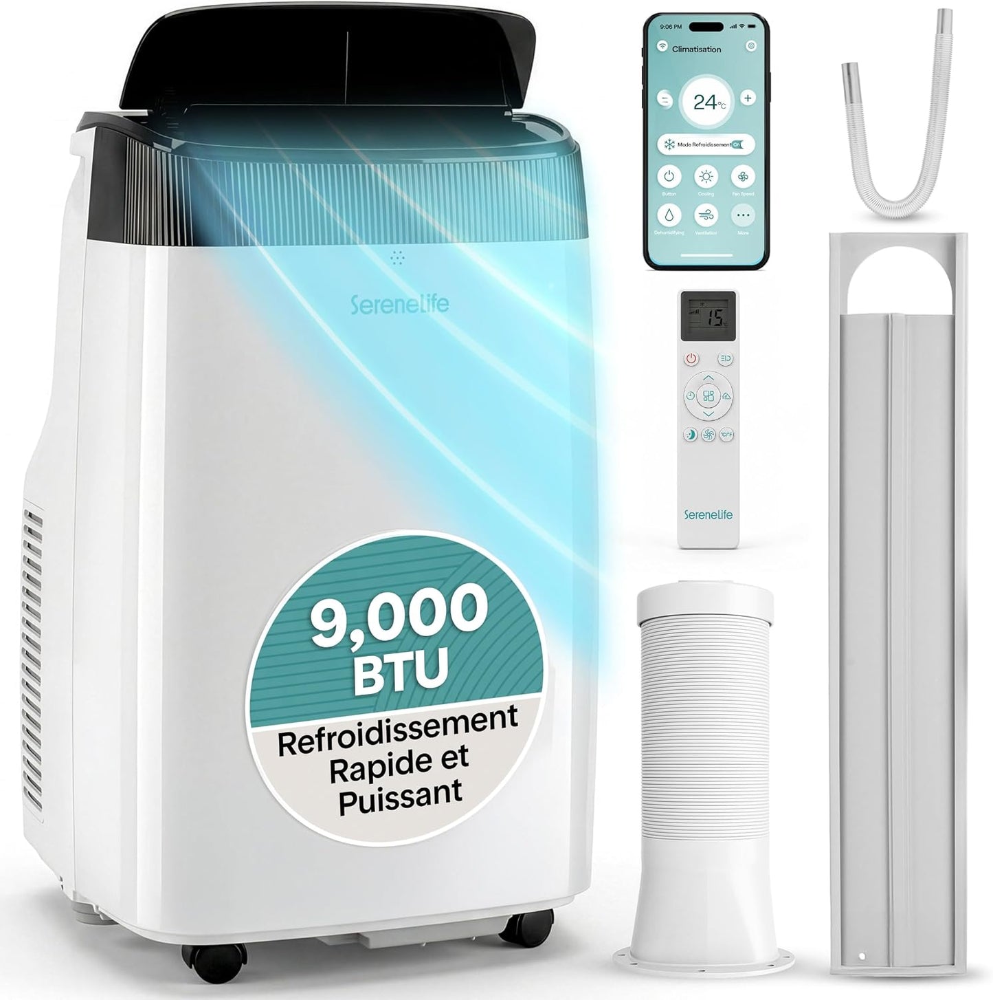  SereneLife Climatiseur Mobile 9000 BTU WiFi – Climatiseur Portable Sans Unité Extérieure, Mode Nuit, Ventilateur Et Déshumidificateur, Kit Fenêtre