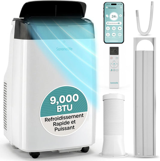  SereneLife Climatiseur Mobile 9000 BTU WiFi – Climatiseur Portable Sans Unité Extérieure, Mode Nuit, Ventilateur Et Déshumidificateur, Kit Fenêtre