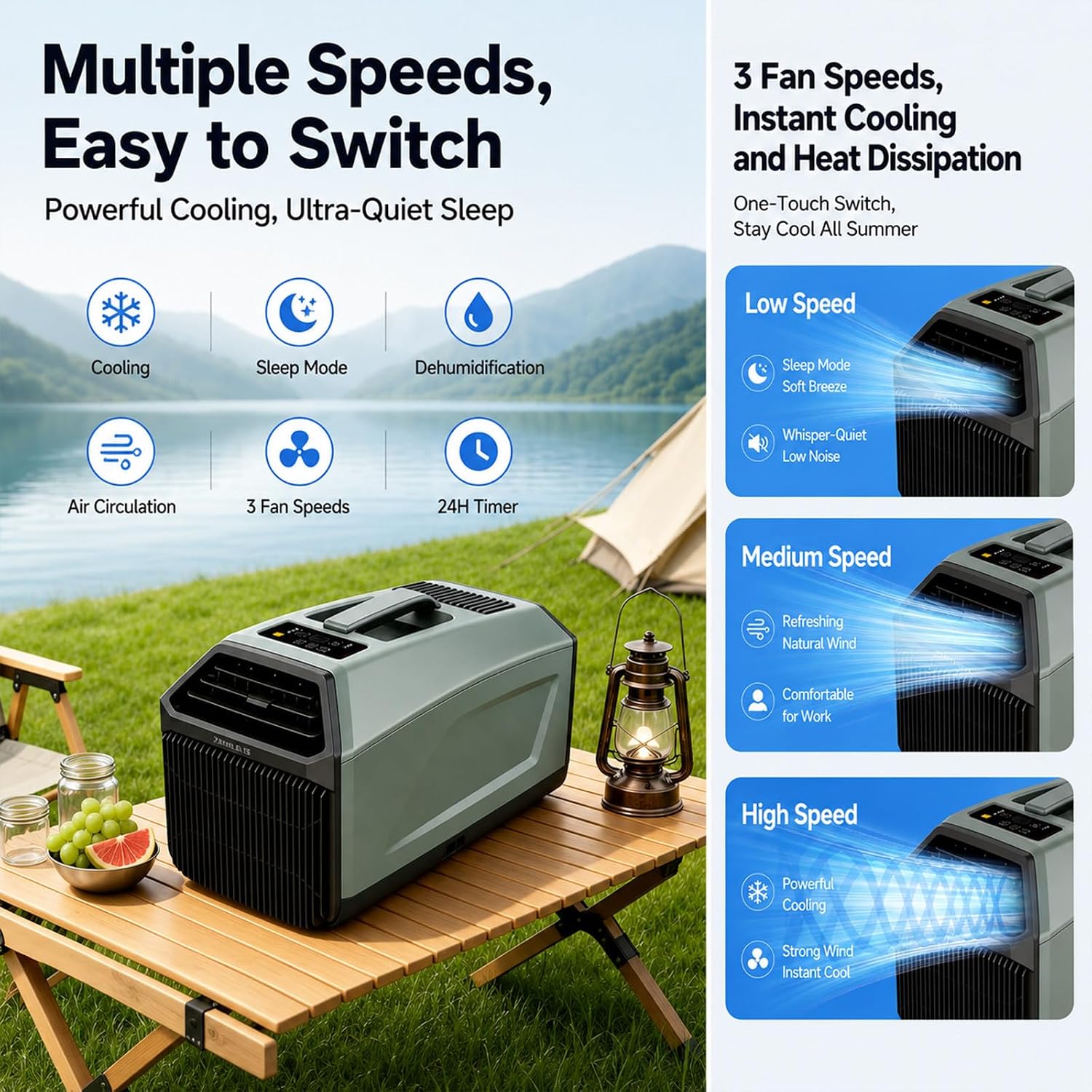  Climatiseur Extérieur Portable 5100 Btu à Refroidissement Rapide, 3 Vitesses De Ventilation, Déshumidification, Minuterie, Faible Consommation,pour Tentes Et Camping-Cars 220VAC