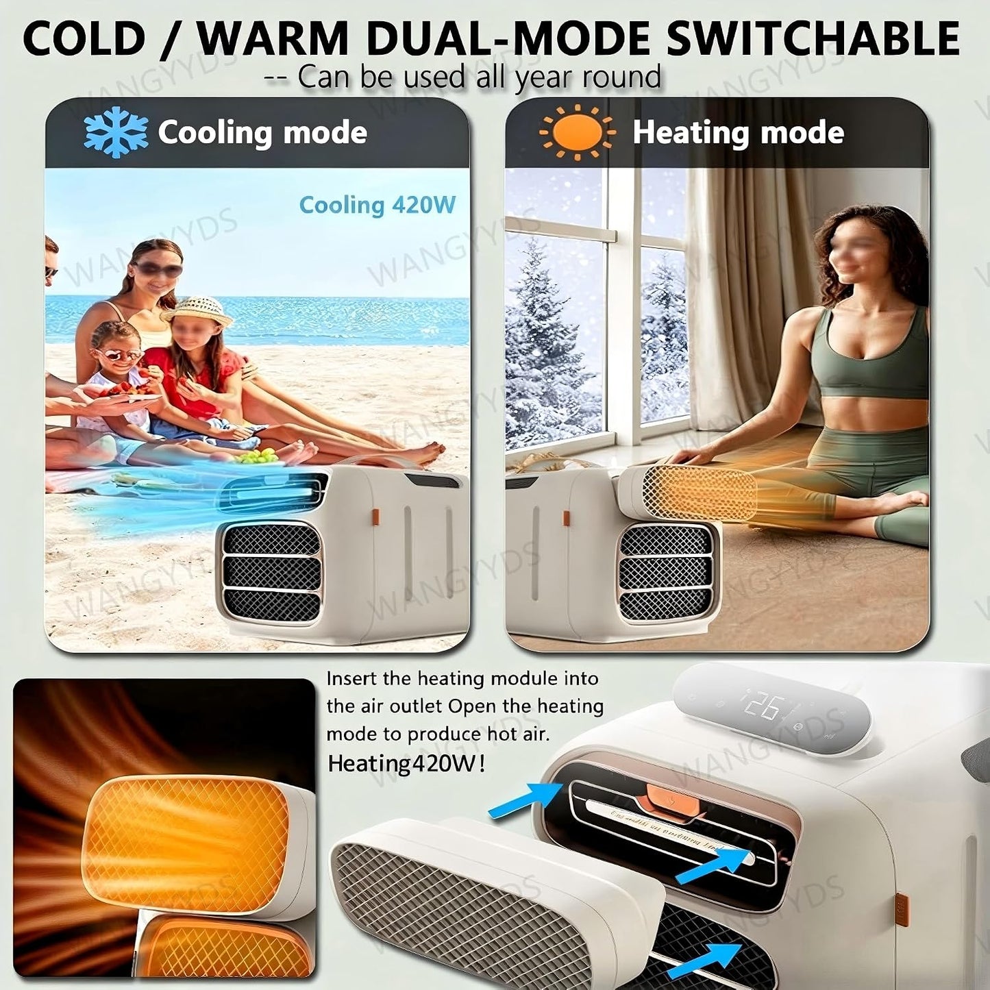  Climatiseur Portable Pour Camping Et Voyages Extérieurs, Double Tuyau, 4700 BTU, 420W, Silencieux 45 DB. Refroidissement, Chauffage Et Déshumidification, Sans Évacuation, Pour Caravanes, Camping-cars