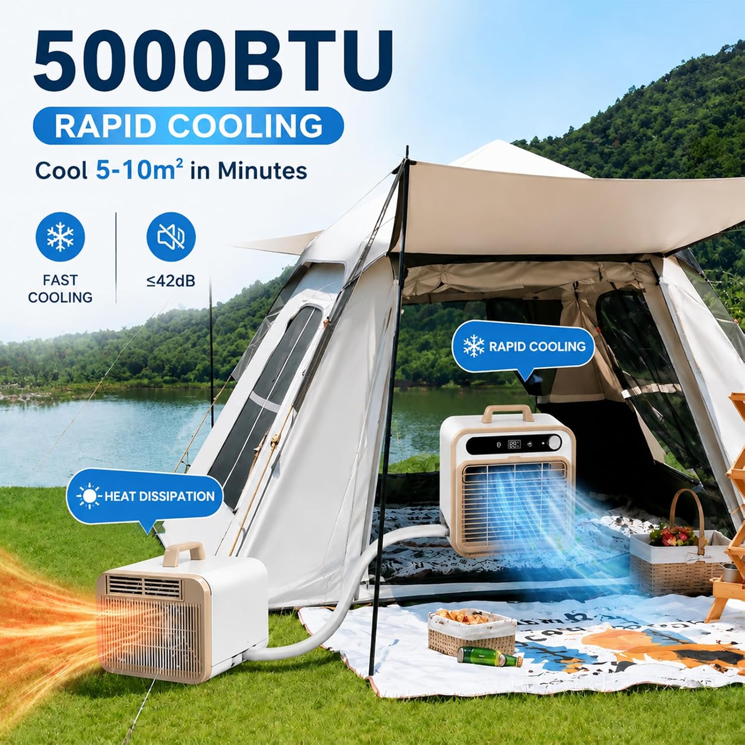  Climatiseur Split Portable 5000 BTU, AC Pour Camping 2m | Structure Compacte Tactile, Climatisation De Bureau Avec Option Tuyau Long 1m/1.5m/2m, Minuterie 12H Lit