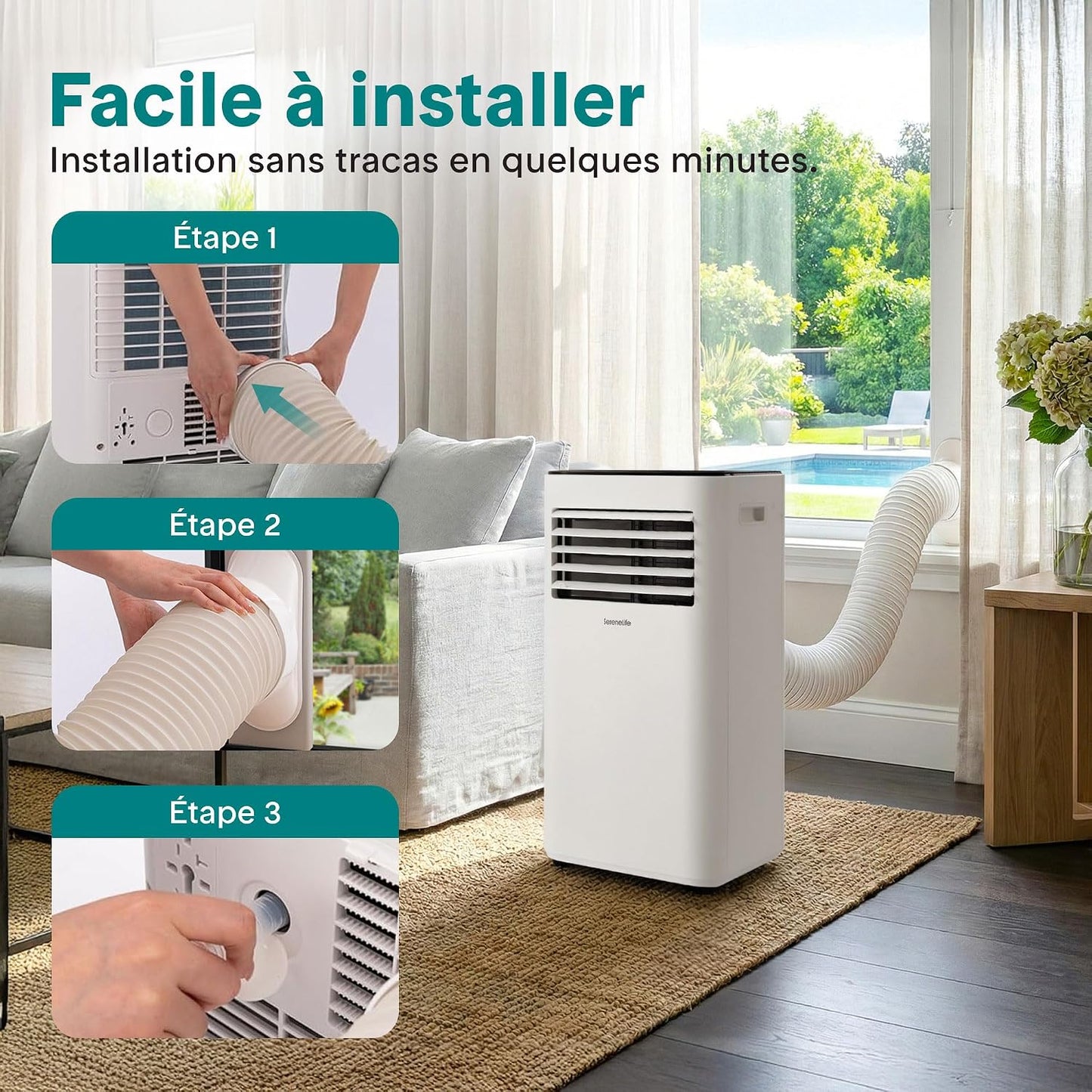  SereneLife Climatiseur Mobile 9000 BTU – Portable Silencieux 55 DB, 31 M² Ventilateur Et Déshumidificateur, Rafraîchisseur D’Air, Télécommande, Écran LED